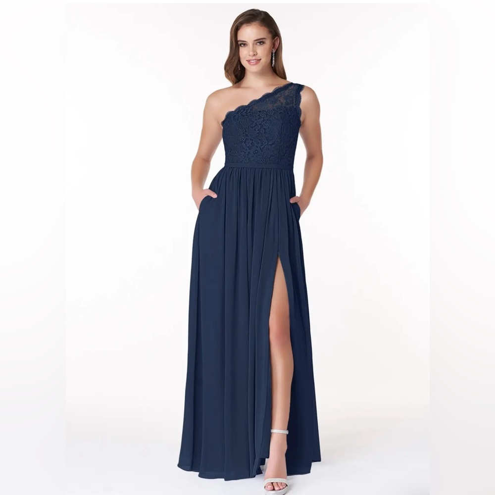 Bridesmaid Dress - Azazie Demi Dark Navy A-Line One Shoulder Chiffon Dress